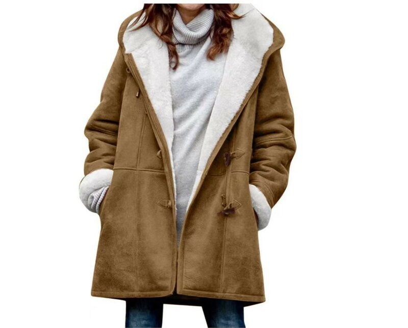 المرأة معطف دافئ عادي المرأة موضة الصلبة زر عادية سترة دافئة متوسطة طويلة مقنعين جيب المرأة معطف