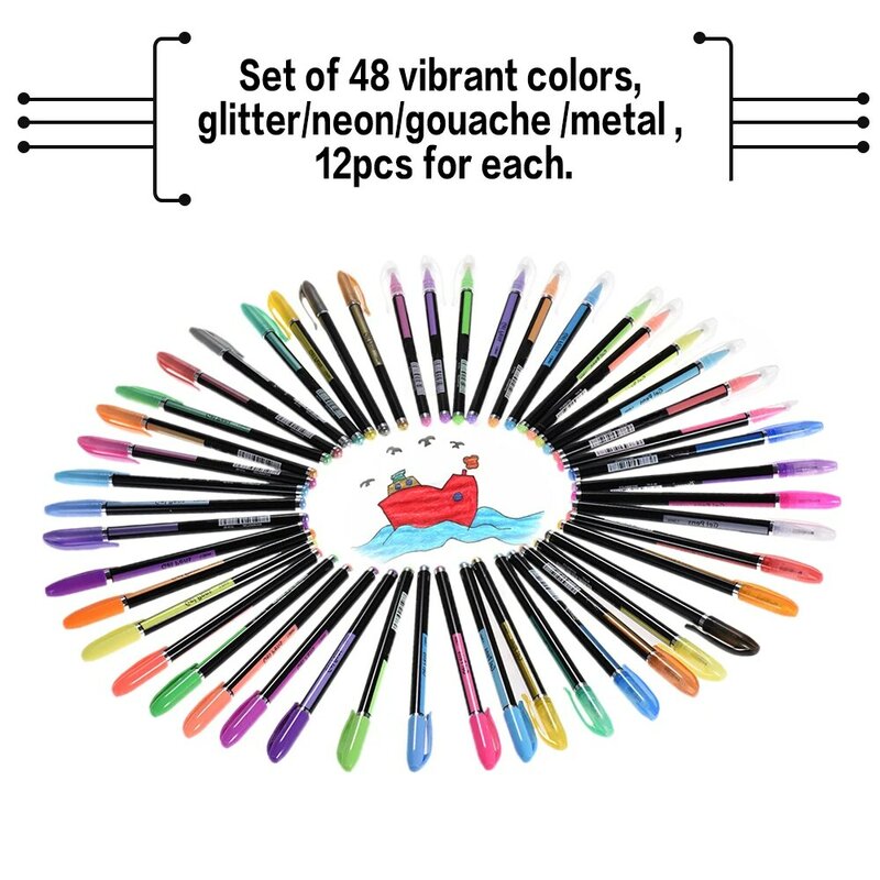 48 لون أقلام بما في ذلك لامع/الغواش/بريق/هيغليغتر تلوين كتاب ماركر أدوات الكتابة.