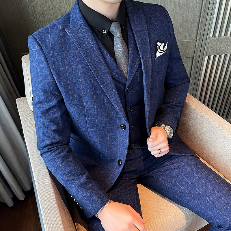 Plyesxale Korean Fashion Blue Plaid Suits For Men Slim Fit Mens Suits 3 Piece Wedding 2022 Elegant Business Dress Suit Male Q970 #6