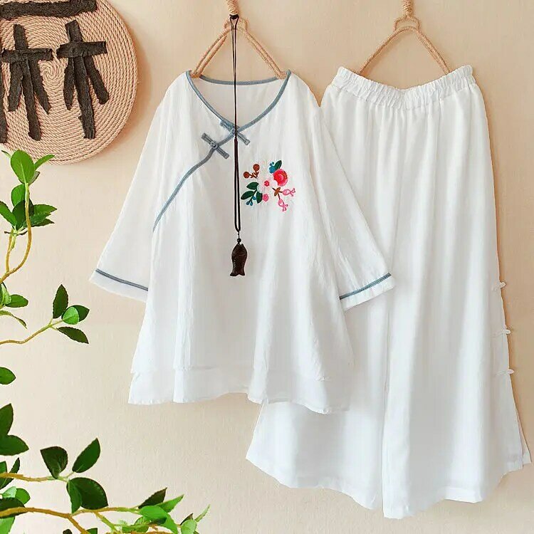 2pcs Set Vintage Embroidered Top Wide Leg Pants Summer Thin Cotton Linen Zen Tea Suit  Traditional Chinese Clothing for Women