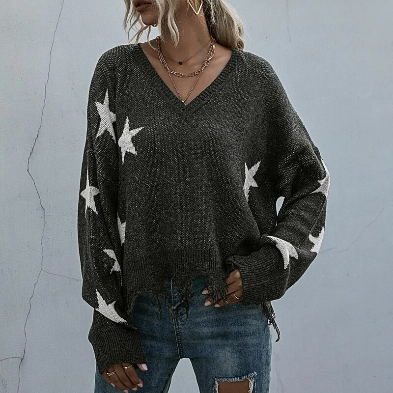 Popular Quality Guarantee Winter Women's Sweater O-neck Star Pullover Knitting Sweaters Long Sleeve With Split Casual Jumper