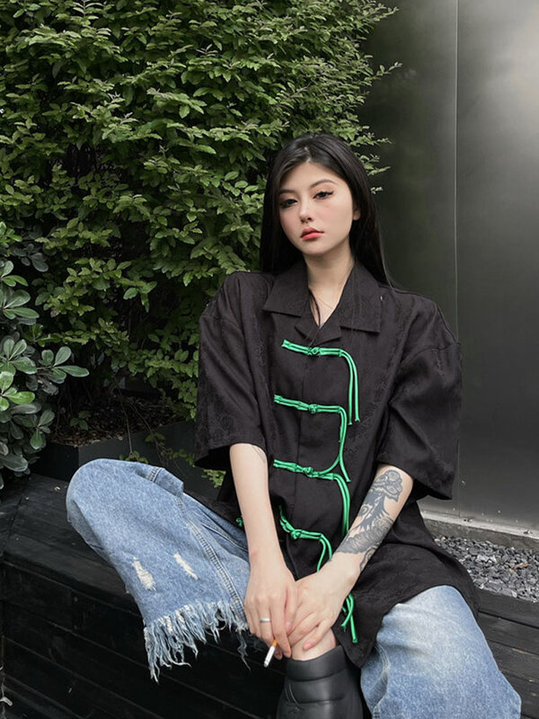 صيف BF نمط Harajuku ديابلو الشارع الشهير خمر القرص مشبك تصميم قميص واحد الصدر الجاكار قصيرة الأكمام البلوزات قميص