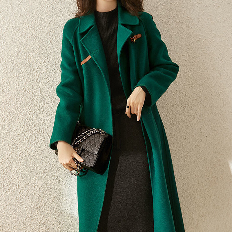 خريف شتاء جديد المرأة معطف الصوف خمر مع حزام دافئ الكورية قسط الأخضر مزيج سترة أنيقة معطف الشتاء