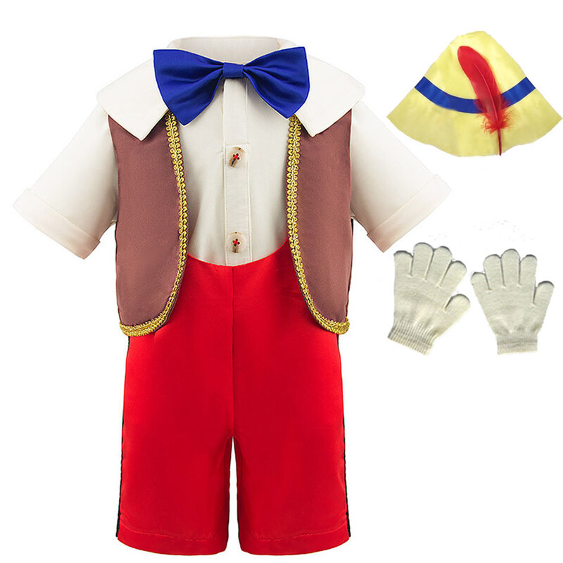بدلة كوسبلاي للأطفال الأولاد من Disney Pinocchio طقم سروال وقميص الفيلم الحقيقي مع قبعة 3-6 سنوات أزياء الهالوين لألعاب الأدوار الانيمي