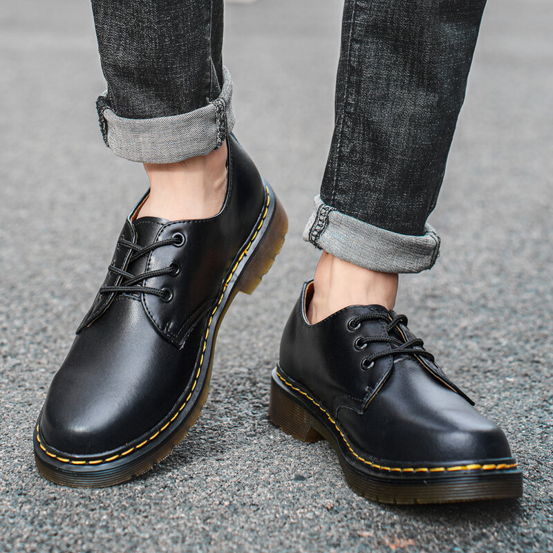 الرجال جلد طبيعي مارتن الأحذية العلامة التجارية سميكة أسفل أحذية السلامة لحوم البقر وتر تسولي أحذية العمل عادية أكسفورد الدانتيل يصل الأحذية