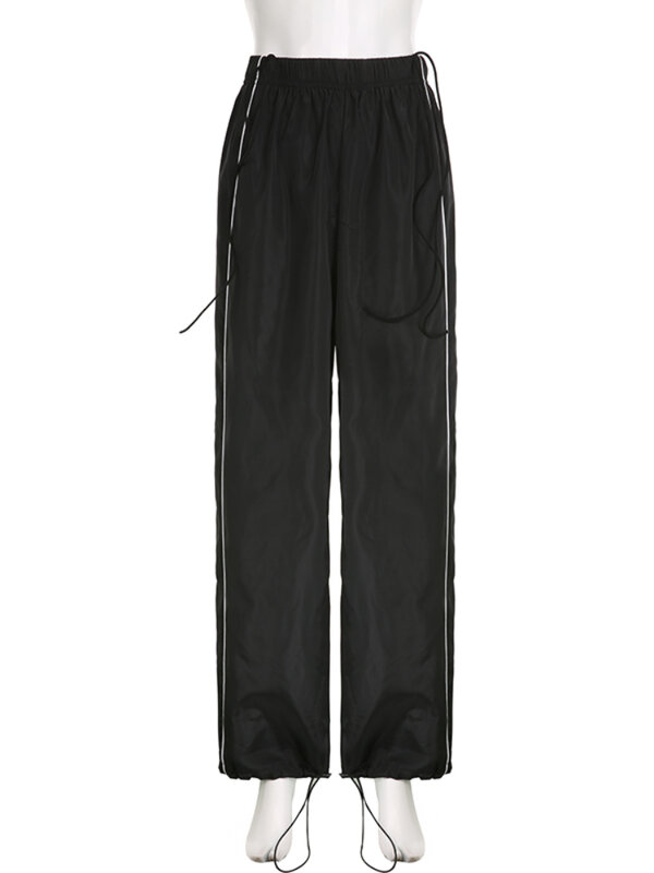 Weiياو الأسود عادية الهبي فضفاض Sweatpants المرأة الجانب شريط مرونة منخفضة الخصر الشارع الشهير الركض مستقيم الساق السراويل
