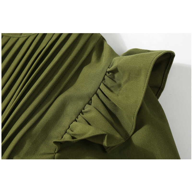 Frocks للنساء أخضر فستان بأكمام طويلة الإناث كشكش طيات تصميم ربيع الخريف جديد الفرنسية تنورة قصيرة فضفاضة تنوعا شيك