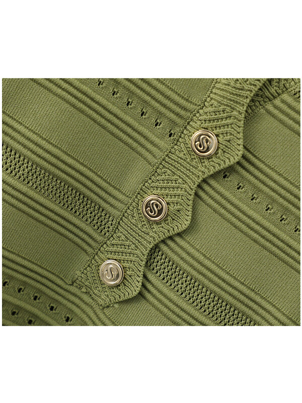 Avocado Green V-neck Short-sleeved Knitted Dress Women's Summer New Fashion Hollow Striped Wavy Knit Short Skirt Female