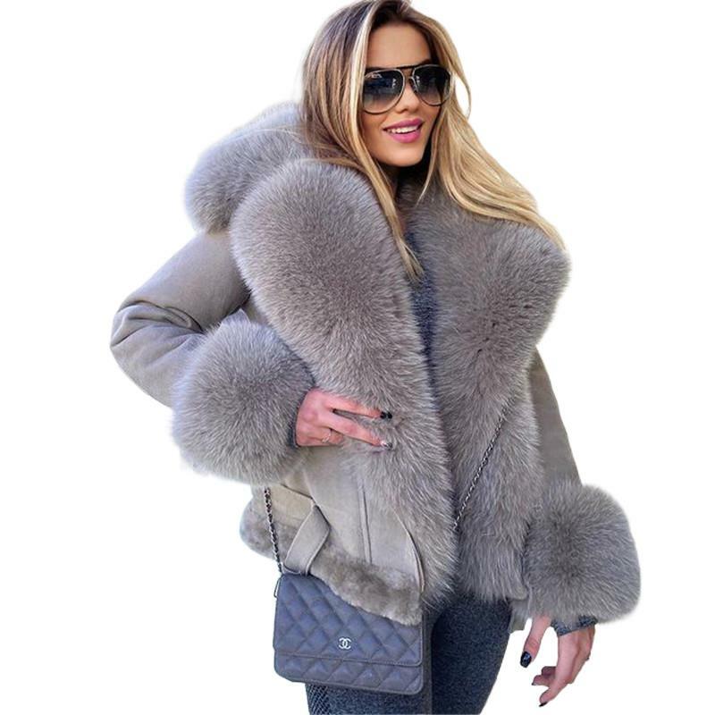 النساء الطبيعي الحقيقي الفراء معطف حقيقي سترة جلد ضأن مع الطبيعية الثعلب الفراء طوق و الكفة الإناث الشتاء الدافئة معطف سميك