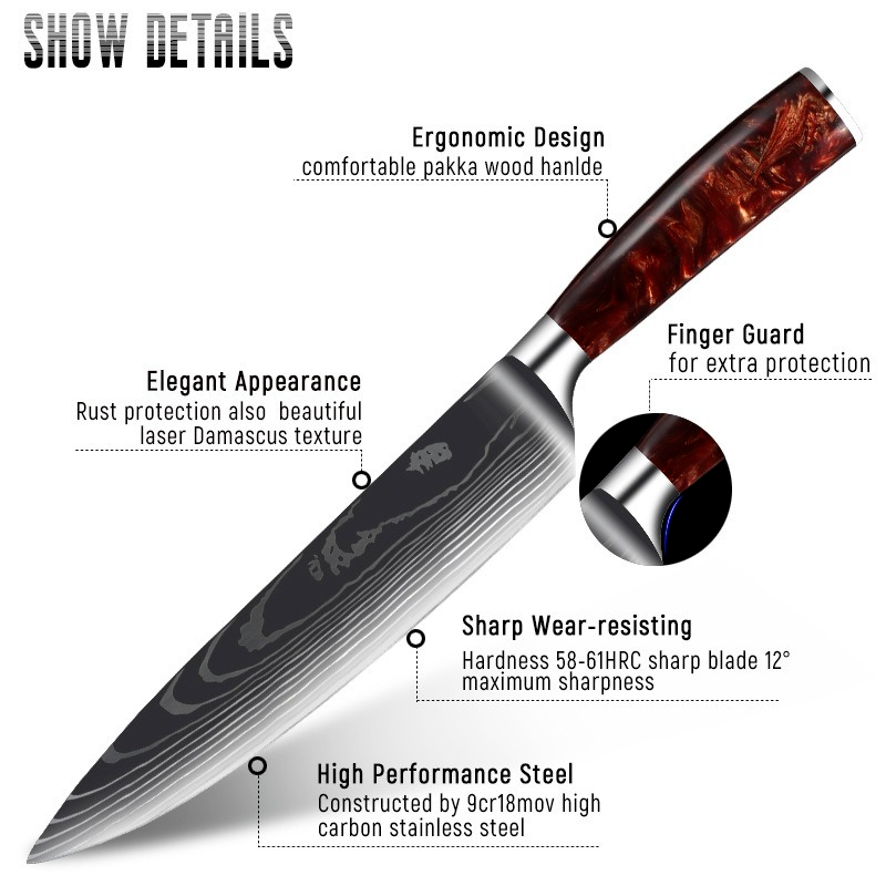 سكين الطاهي طقم السكاكين المطبخ الليزر دمشق نمط شارب اليابانية 7CR17 440C سكين نزع العظم سكّين من نوع Santoku الساطور تقطيع سكين