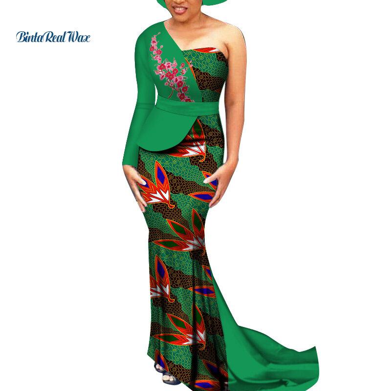 Dashiki-فستان سهرة أفريقي طويل للنساء ، بازان غني ، كتف واحد ، مزين بالورود ، ملابس أفريقية ، WY3530