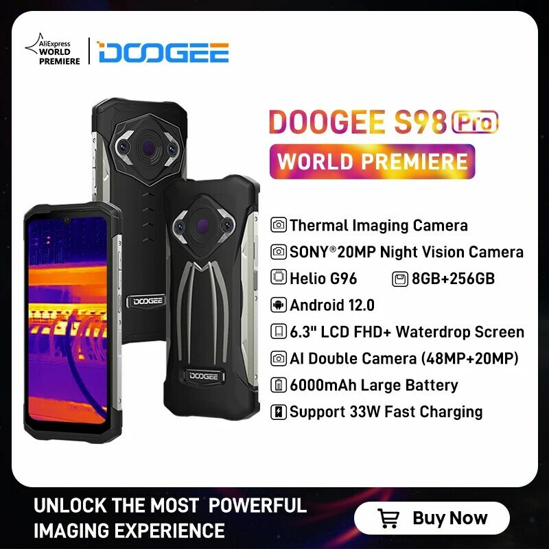 [العرض الأول عالميًا في المخزون] DOOGEE S98 Pro InfiRay® كاميرا تصوير حراري هاتف ذكي 20 ميجابكسل رؤية ليلية هاتف متين Helio G96 8GB 256GB 6000mAh هاتف بطارية 33W شحن سريع