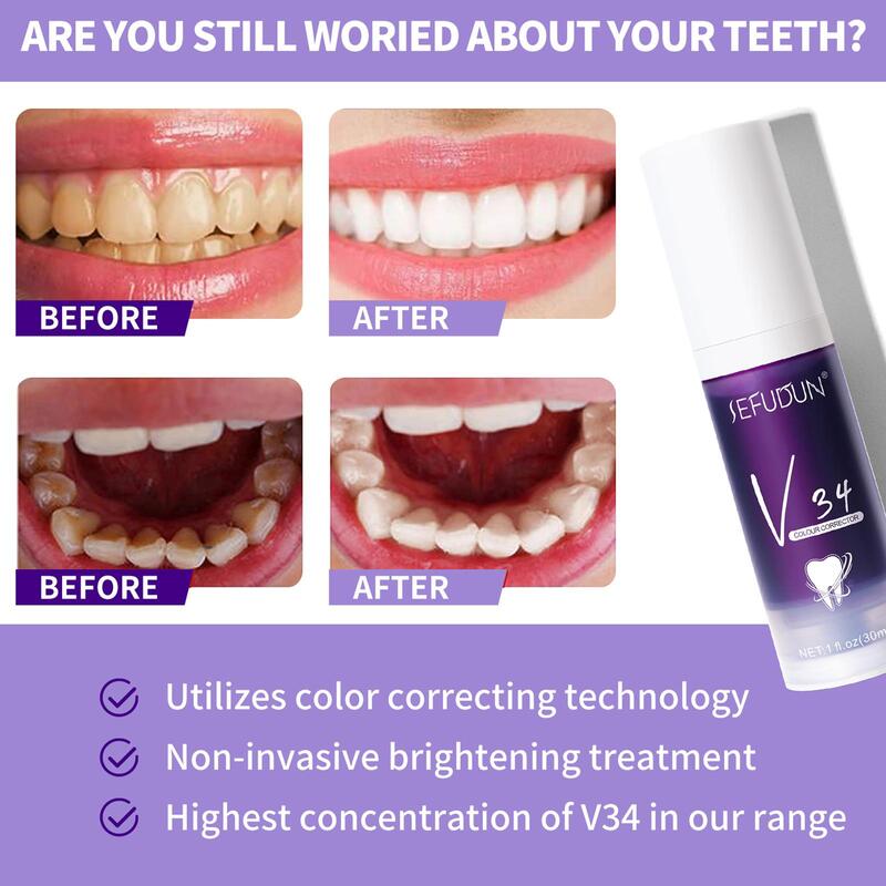 معجون أسنان مُبيِّض V34 لون تصحيح الأسنان مبيض الأسنان الأرجواني غير الغازية تبييض معجون الأسنان و N6Z7 30 مللي