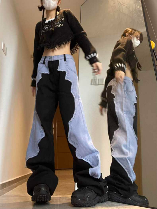 سراويل جينز حريمي بتصميم صغير مربوطة عالية الشارع سراويل موضة أمريكية للنساء في الخريف والشتاء جينز فضفاض بأرجل واسعة