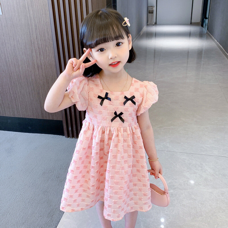 الفتيات فستان صيفي 2022 النمط الأجنبي للأطفال الكورية قصيرة الأكمام الأميرة الطفل منقوشة فقاعة كم منفوش تنورة