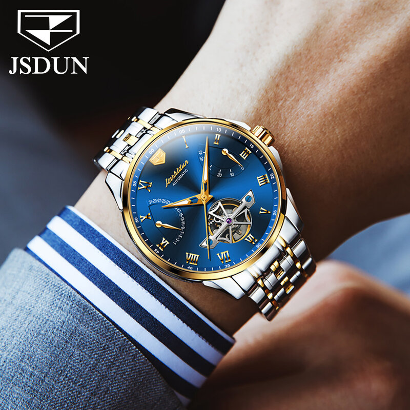 JSDUN الهيكل العظمي التلقائي ساعة ميكانيكية للرجال الفولاذ المقاوم للصدأ حزام متعدد الوظائف التقويم مقاوم للماء الرجال ساعات المعصم