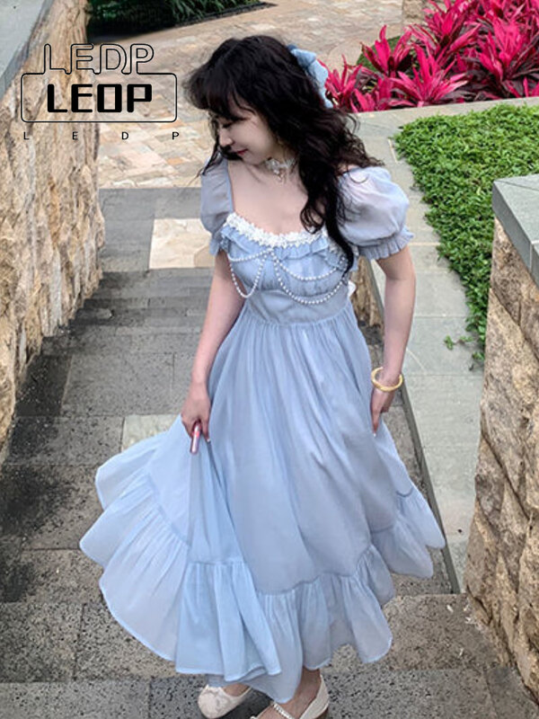 LEDP 2022 Casual Fashion Lace Chic Lolita Dress Summer Blue Elegant Fairy Dress Women Bow Bandage Party Midi Dress Women