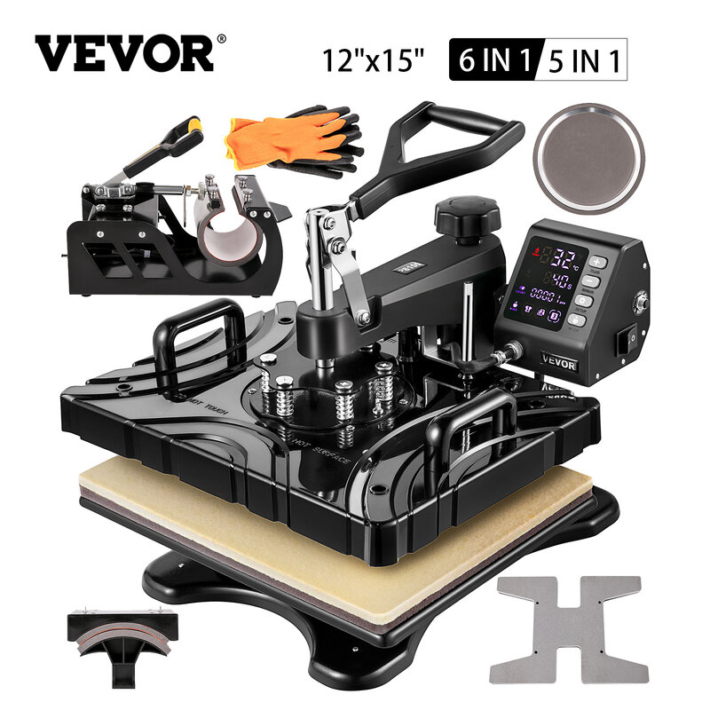 ماكينة ضغط حراري VEVOR مقاس 12 × 15 بوصة 360 درجة تسخين بأنبوب مزدوج مع LED 5/6 في 1 للقبعات والتيشرتات والأطباق والأطباق بطباعة #1