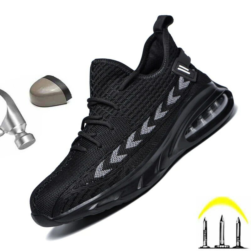 2022 جديد تنفس الرجال أحذية أمان حذاء برقبة للعمل ضوء عدم الانزلاق العمل أحذية رياضية غير قابل للتدمير الذكور الصلب تو الهواء شبكة سلامة الأحذية
