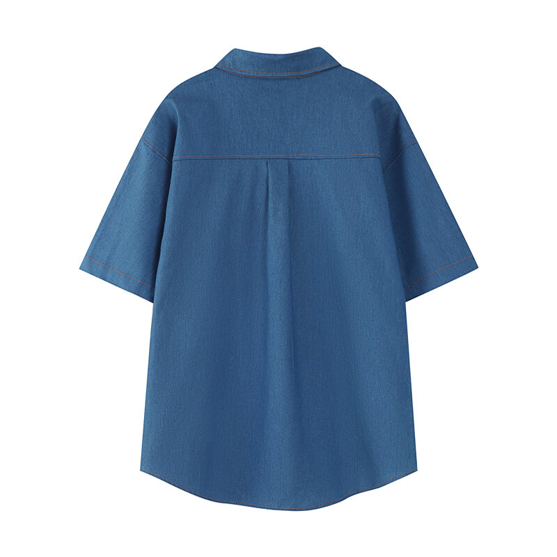 الأزرق الدنيم قميص قصير الأكمام المرأة الصيف Harajuku نمط عادية الكرتون الحب الدب التطريز السيدات كاوبوي بلوزة سترة 2XL