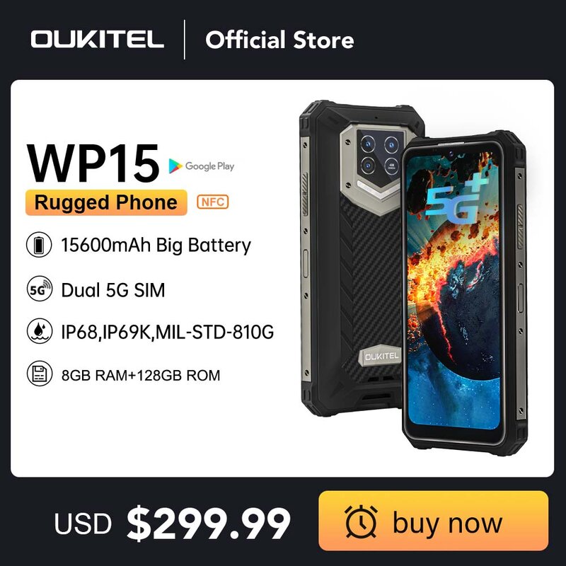 هاتف Oukitel WP15 قوي 15600mAh 8GB + 128GB 6.5 "HD + الهاتف الخليوي ثماني النواة أندرويد 11 48MP الكاميرا الخلفية الهاتف المحمول MT6833 NFC