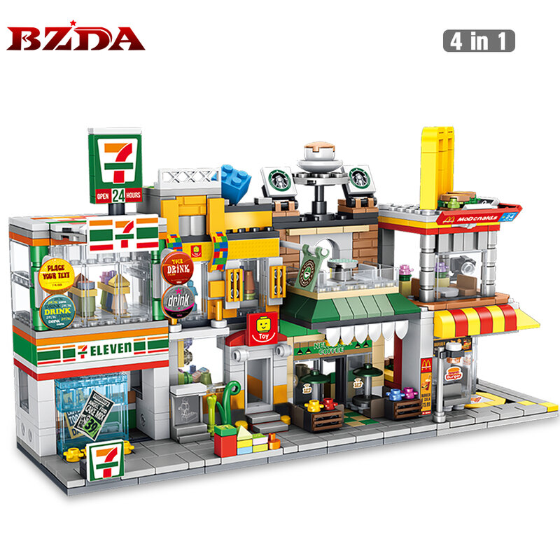 BZDA كتل صغيرة شارع المدينة عرض سلسلة MOC مقهى برغر متجر متجر نموذج بناء لعبة المكعبات للبنات هدايا