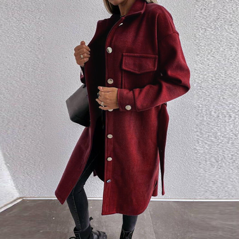 أنيقة موضة المرأة مزيج الصوف معاطف الخريف الشتاء الدافئة طويلة الأكمام بدوره إلى أسفل طوق طويل جاكيتات Vintage السيدات ملابس خارجية #6
