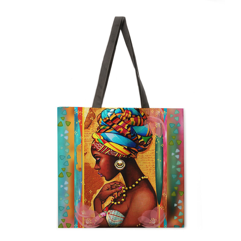 المرأة الأفريقية السيدات حقيبة شاطئية قابلة للطي حقيبة كتف حقيبة تسوق مطبوعة حقيبة الكتان عادية حمل قابلة لإعادة الاستخدام