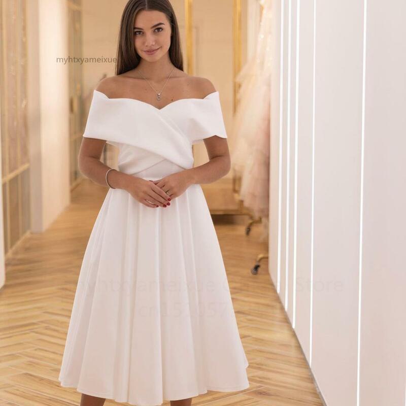 فساتين زفاف بسيطة مثيرة فستان عروس أبيض 2022 طول الشاي a-line الأميرة فستان حفلات سهرة حجم كبير Vestido De Noiva وردي