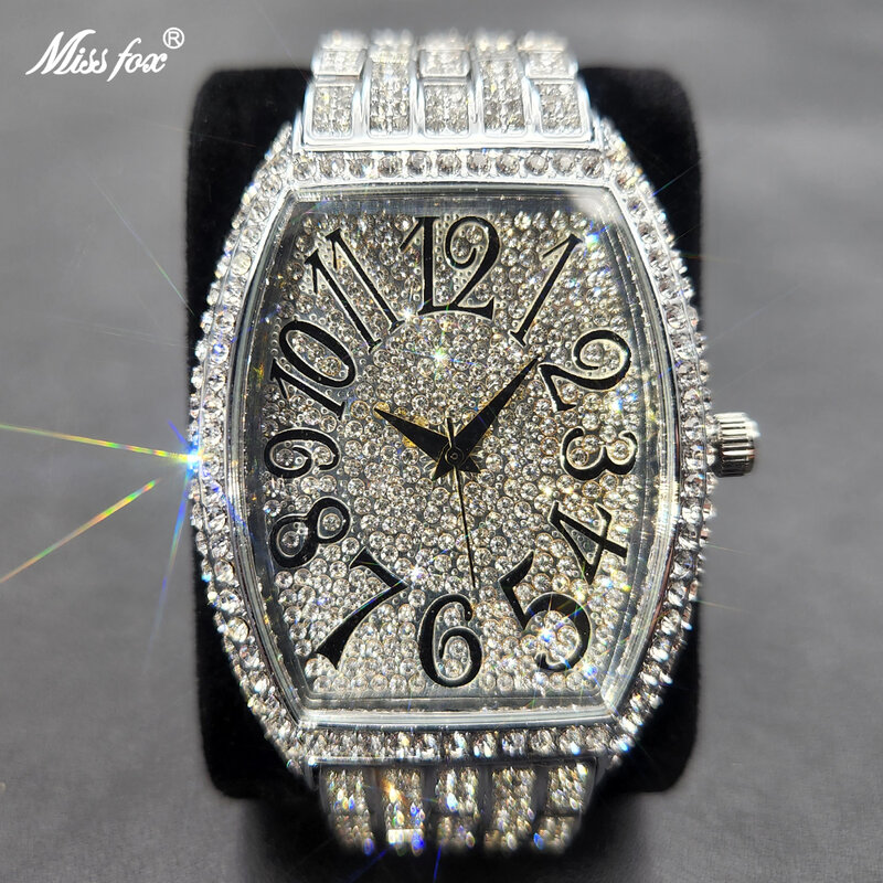 MISSFOX الجليد خارج الرجال الساعات شعبية Tonneau كامل الماس الفضة جنيف الذكور ساعة الهيب هوب الأصلي مقاوم للماء relogio masculino