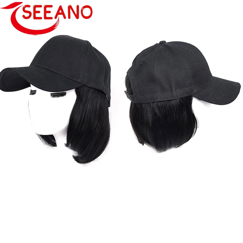SEEANO قصيرة الاصطناعية قبعة شعر مستعار تمديد أسود قطعة واحدة قبعة بيسبول السيدات قابل للتعديل قبعة شعر مستعار مقاومة للحرارة أسود براون