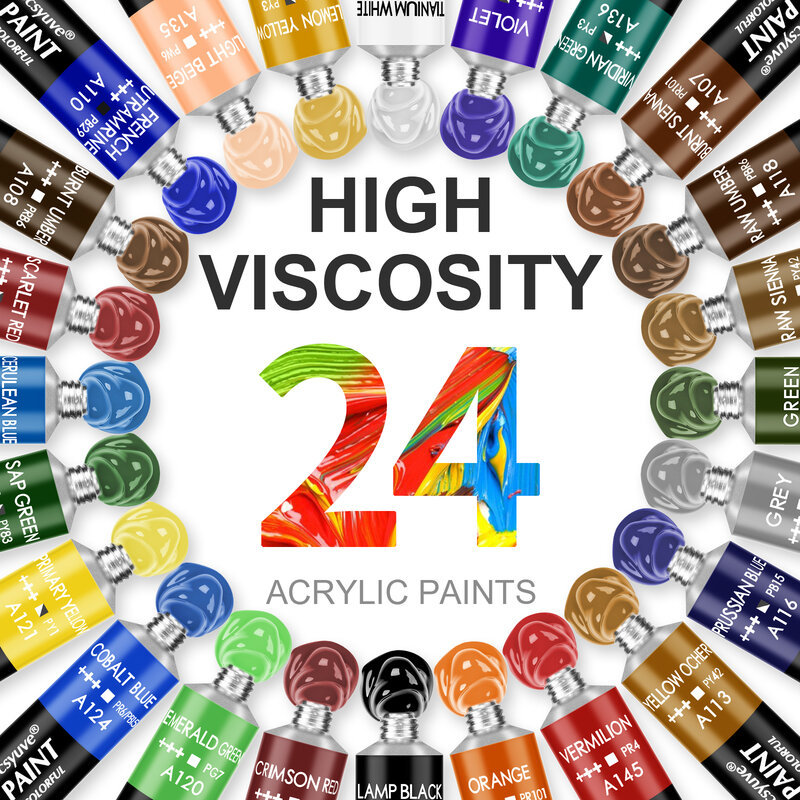 طلاء أكريليك من Locsyuve ، مجموعة من 24 لون ، 12 مللي/22 مللي/أنبوب ، مجموعة ألوان الطلاء الإكريليكية ، طلاء للنسيج ، أصباغ غنية للفنانين الصغار
