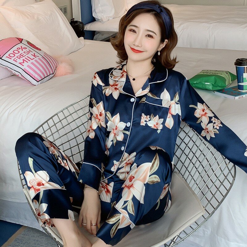 Summer Silk Satin Pajamas Set Woman Printed Long Sleeve Sleepwear Pijamas Suit Female Sleep Two Piece Loungewear Plus Size #2