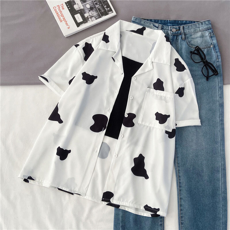 EBAIHUI 2021 صيف جديد الكورية أسود أبيض البقرة طباعة عادية قصيرة الأكمام قميص Harajuku صديقها نمط الإناث بلوزة فضفاضة