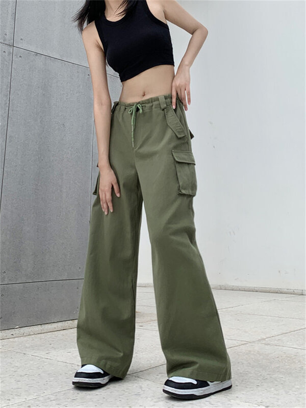 Multi-pocket Green Straight Overalls Women's Summer New High-waisted American Wide-leg Casual Pants Female Thin Section Trousers