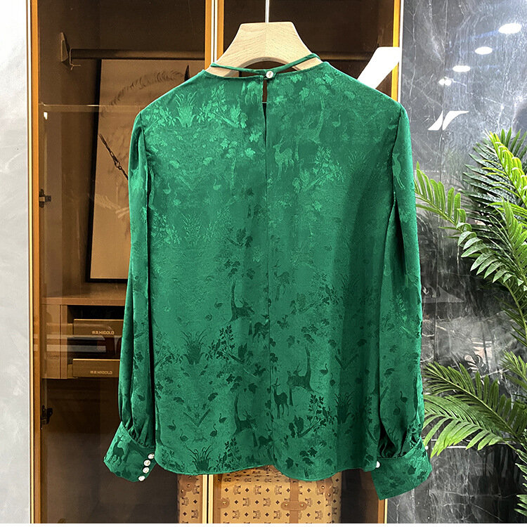 Women's Elegant Jacquard Imitation Silk Top Women Shirts Long Sleeve Blouse Tops Mujer #4