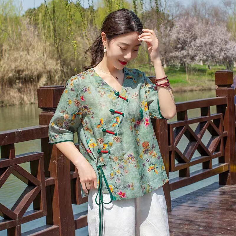 سترة الإناث قصيرة الأكمام أعلى ملابس رقص الكلاسيكية رائع الربيع الصيف الأزهار الخضراء Hanfu الصينية النساء الملابس تي شيرت
