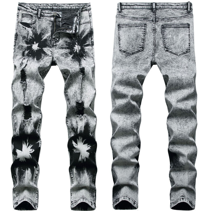 جينز رجالي جينز ضيق مناسب للرجال موضة كورية ملابس عصرية جينز ممزق أبيض تصميم حسب الطلب