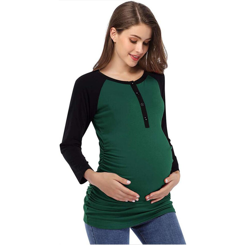 ملابس حمل قميص الحمل التمريض أعلى واحدة الصدر التمريض العلوي الرقبة المستديرة راجلان طويلة الأكمام الأمومة تي شيرت مريح