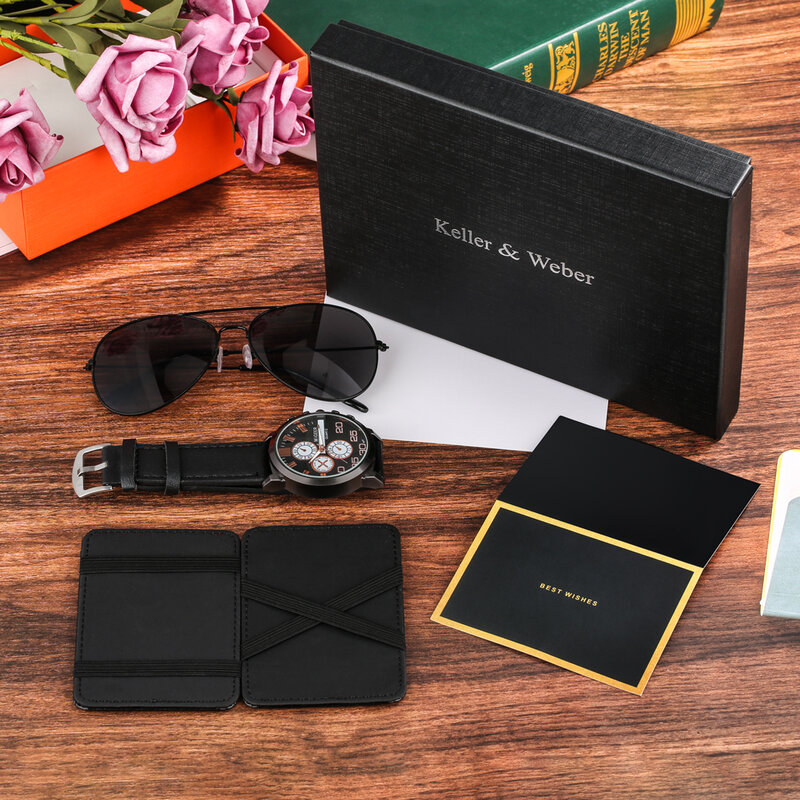 موضة ساعة رجالي مجموعة الكلاسيكية محفظة النظارات الشمسية الأعمال الترفيه كوارتز ساعة اليد علبة هدايا رائعة عيد ميلاد لصديقها