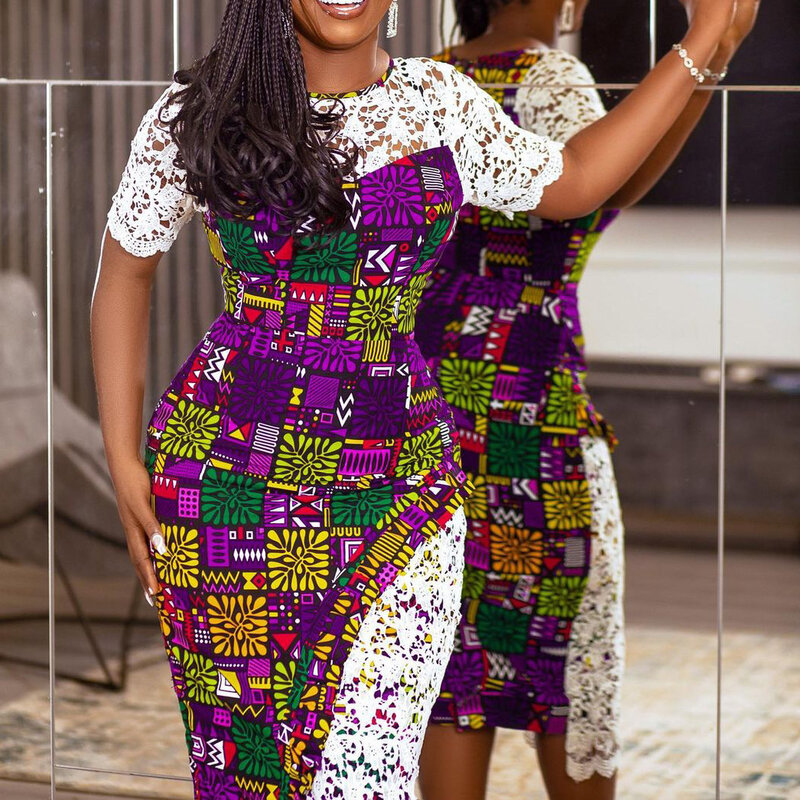 2022 جديد وصول الطباعة فساتين الأفريقية للنساء الصيف المرأة الأفريقية قصيرة الأكمام س الرقبة فستان الملابس الأفريقية النساء
