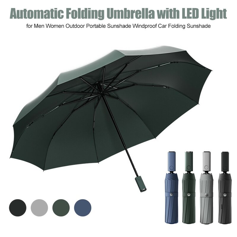 2021 جديد التلقائي مظلة قابلة للطي مع مصباح ليد يندبروف مظلات المطر الكبيرة المحمولة في الهواء الطلق المظلة للرجال النساء