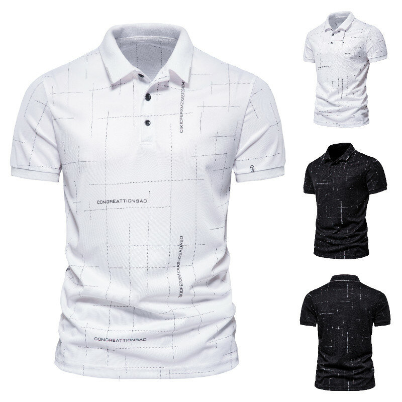 Ummer New Men's Daily Casual All-match Creative Dotted Line Printing Short-sleeved Comfortable Lapelshirt Slim Tops