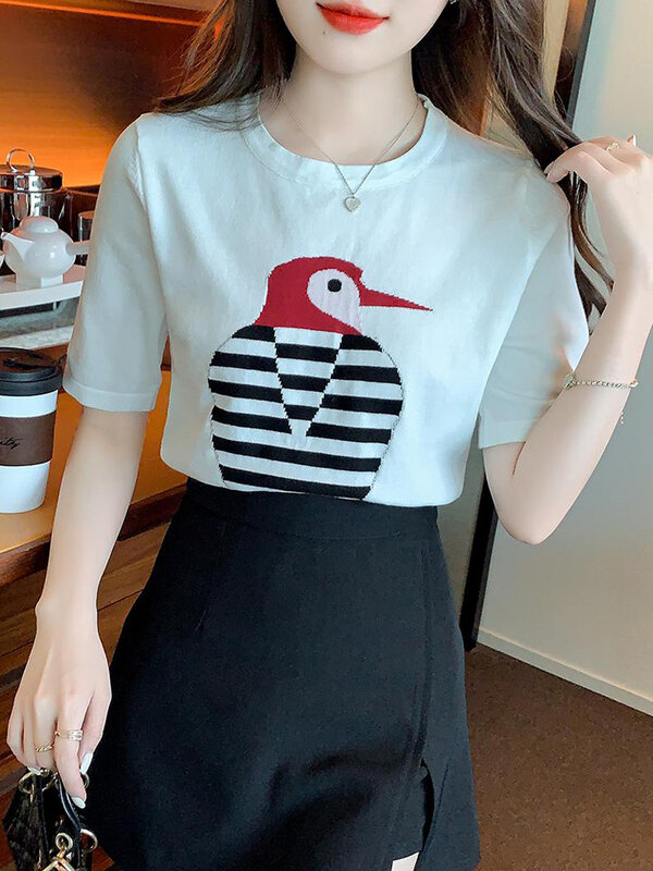 Fashion Embroidery Short-sleeved Women T Shirt Sweater Summer Retro Contrasting Stripes Outwear Female Shirt Camisas Mujer 2022
