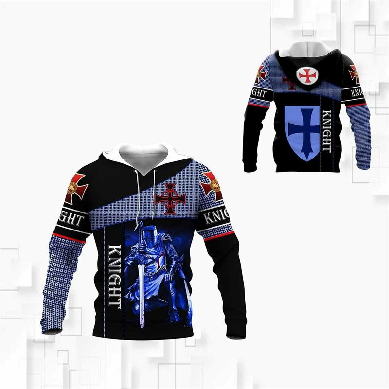 2021 جديد ماركة الملابس Templar موضة زيبر قميص الصليبية ثلاثية الأبعاد الطباعة هوديي سترة للجنسين عادية الشارع البدلة الأزرق فارس