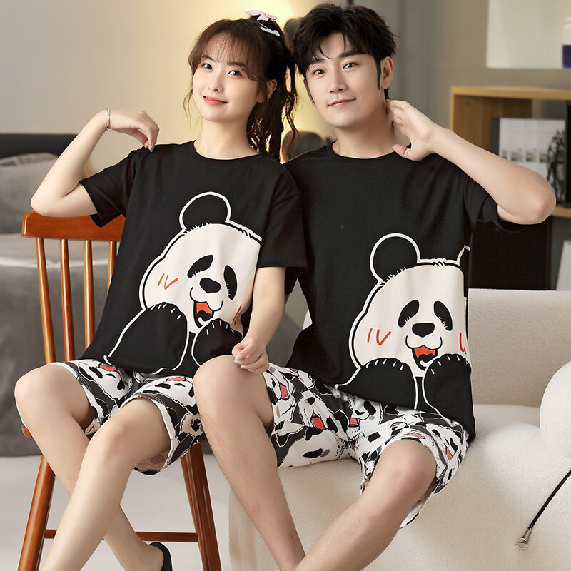 5XL الكرتون الباندا زوجين منامة مجموعات النساء بيجامة القطن الكورية الرجال ملابس خاصة قصيرة الأكمام عشاق ليلة الملابس 2 قطعة ملابس النوم