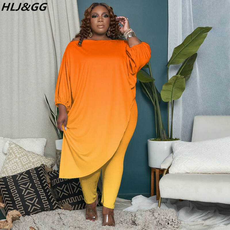 HLJ & GG موضة التدرج بلون قطعتين مجموعات النساء حجم كبير الملابس XL-5XL خريف كم طويل بلوزات وسراويل وتتسابق