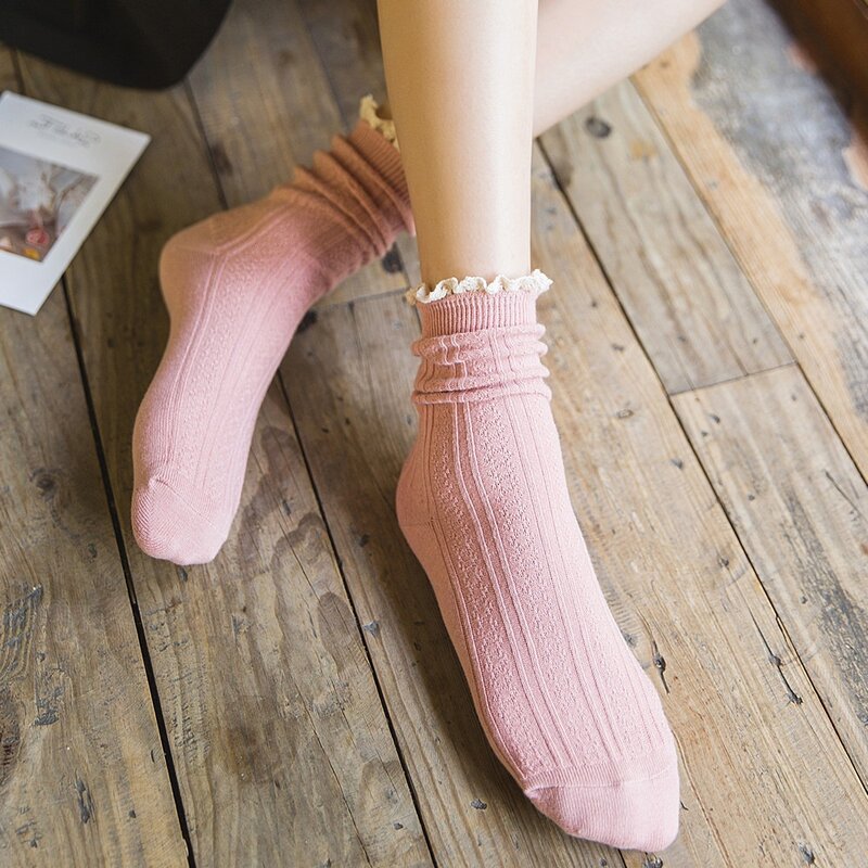 JK Lolita Lace Frilly Socks Fashion Solid Color Japanese Kawaii Cute Socks Women Cotton Knitting Harajuku Streetwear Crew Socks #3