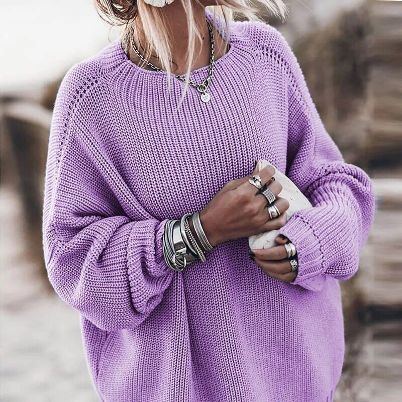 2022 Autumn Solid Warm Long Sleeve Pullover Tops Women Winter Retro Ribbed Knit Sweater   Elegant Casual O Neck Loose Sweaters
