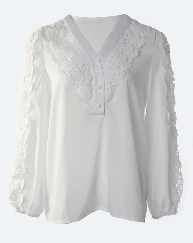Buttoned Lace Patch Casual Top V-Neck White T-Shirt Office Long Sleeves Outfit Fashion Autumn Women's Clothes 2022 New